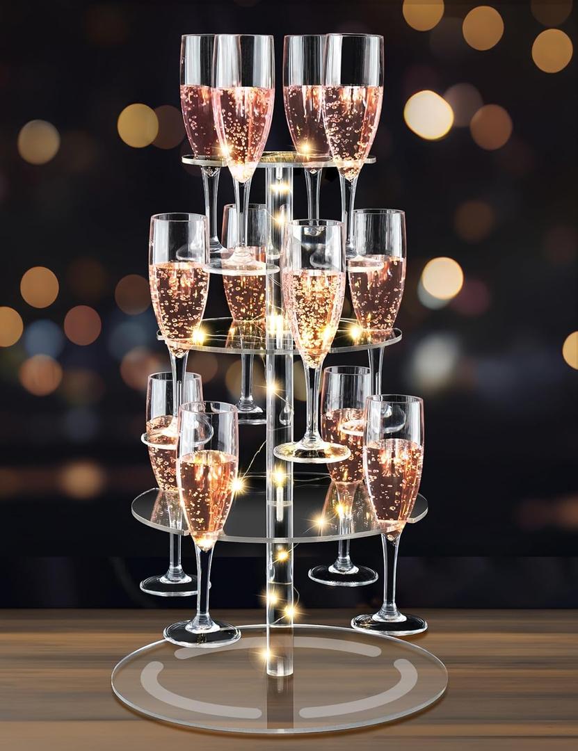 NiHome 3-Tier Clear Acrylic Champagne Tower with String Light, 12-Glass Cocktail Tree Stand Wine Rack, Weddings Parties Bars Drink Tower for Champagne, Cocktails, Martini, Margarita Cups