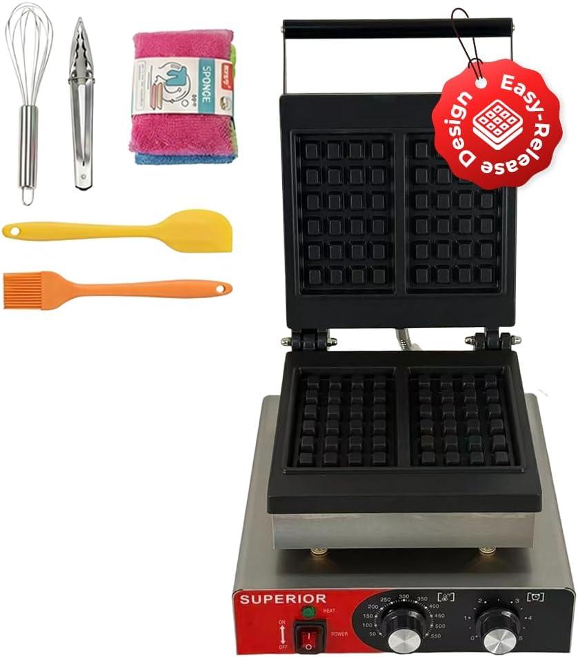 Superior Kitchen Equipment Commercial 2-Slice Square Belgian Waffle Maker | Stainless Steel Waffle Iron, Non-Stick Coating, Heat-Resistant Handle, 122℉/50℃ to 550℉/300℃, Has Accessories, 1750W, 110V