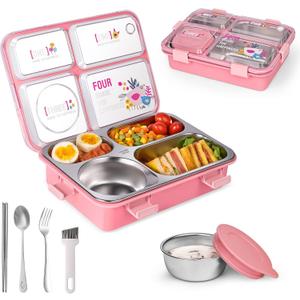 Stainless Steel Adult Lunch Box, 28.7oz 4-Compartment Cute Bento Box Kids Snack Containers with 5oz Soup/Condiment Cup, Food Storage Containers with Utensils and Small Cleaning Brush Set - Pink