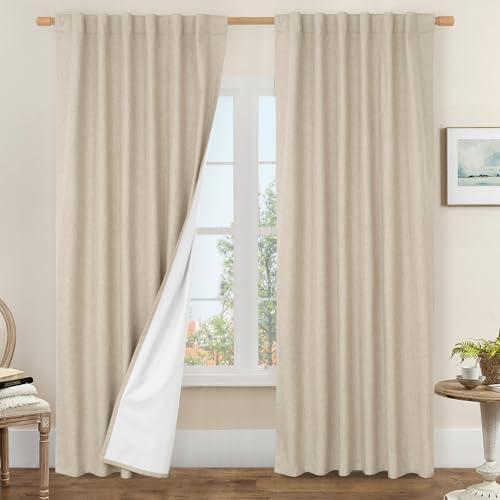 LAMIT 100% Blackout Linen Curtains, 84 Inch Linen Textured Living Room Farmhouse Curtains Room Darkening Back Tab and Rod Pocket Burlap Neutral Panels with White Liner, 2 Panels, 52 x 84 Inch