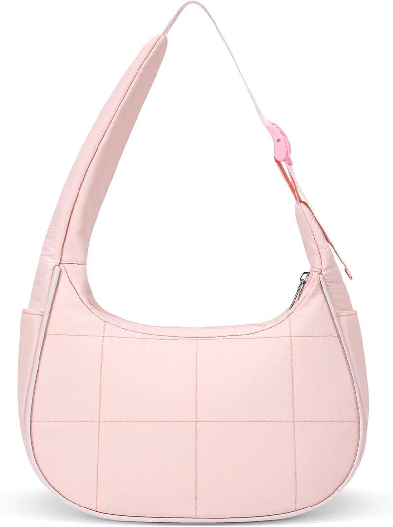 Etercycle Puffer Crescent Shoulder Bag for Women, Small Nylon Quilted Handbags Purses Y2K Cute Puffy Bags Adjustable Strap (Pink)