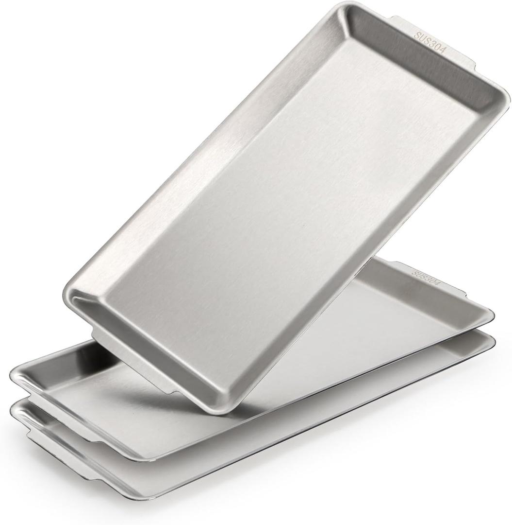 ZENFUN 3 Packs 304 Stainless Steel Serving Platters, Rectangle Metal Dinner Plates with Handles, Decorative Organizer Trays for BBQ, Dining, Party, Buffet, Appetizer Serving(12.6" x 6.3")
