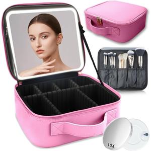 Makeup Bag with Led Mirror,with 3 Color Setting & 10x Magnifying Mirror, Portable Storage and Adjustable Dividers Travel Makeup Bag,for Women and Makeup Artists Large Makeup Cases-Dark Pink
