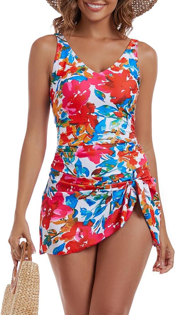 One Piece Swim Dress Swimsuits for Women Tummy Control Swimdress Skirt V Neck Bathing Suit (Small, Hot Pink, Blue Floral Print)