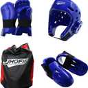 Martial Arts Karate Protective Sparring Gear Package Deal/Gift Adjustable Adults & Kids Headgear, Gloves & Kicks for MMA, Taekwondo, Boxing Training (Small, Blue)