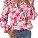 SHEWIN Women's Blouses Split V Neck Mixed Floral Print Long Sleeve Chiffon Fall Tops Striped Trim Shirts (Pink, XXL)