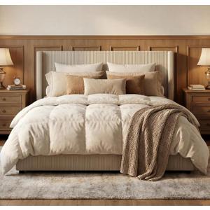 GarveeHome Queen Size Bed Frame with Storage Drawers, Corduroy Upholstered Platform Bed with Wingback and Tufted Headboard, No Box Spring Needed, Beige