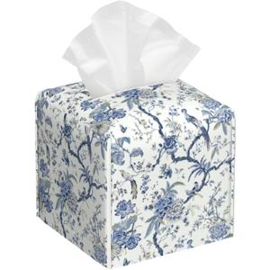 Blue Flower and Bird Tissue Box Cover Leather Tissue Box Holder Square Facial Paper Organizer Dispenser for Bathroom Kitchen Bedroom Vanity Countertop Night Stands