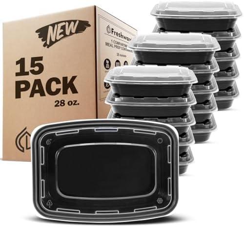 Freshware Meal Prep Containers 15 Count (Pack of 1) Compartment Food Storage Containers with Lids, Bento Box, BPA Free, Stackable, Microwave/Dishwasher/Freezer Safe (28 oz, Clear)