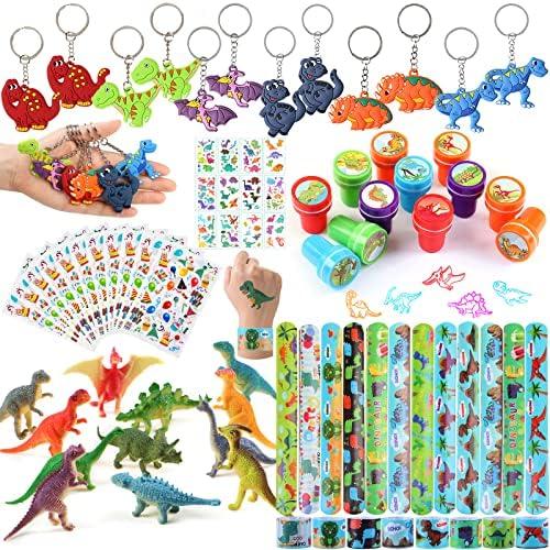 84 PCs Dinosaur Party Favors for Kids Dinosaur Figures Keychains Slap Bracelet Temporary Tattoos Stamps Party Favor Bags Dinosaur Birthday Party Supplies for Boys