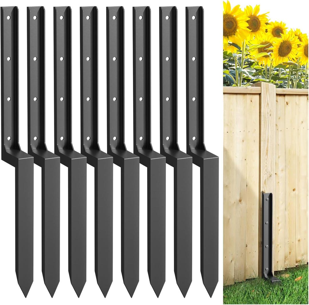 2-4-6-8 Pack Fence Post Repair Kit, Thickened Fence Repair Stakes, Heavy Duty Steel Fence Post Repair Stake with Gloves for Fixing Tilted or Broken Wood Posts (8 Pack, Black)