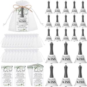 Lounsweer Wedding Kissing Bells Bulk Party Favors for Guests Ring for a Kiss with Greenery Card Organza Bag Jute Rope Mini Bells for Wedding Reception Favor Goody Bag Supplies30set