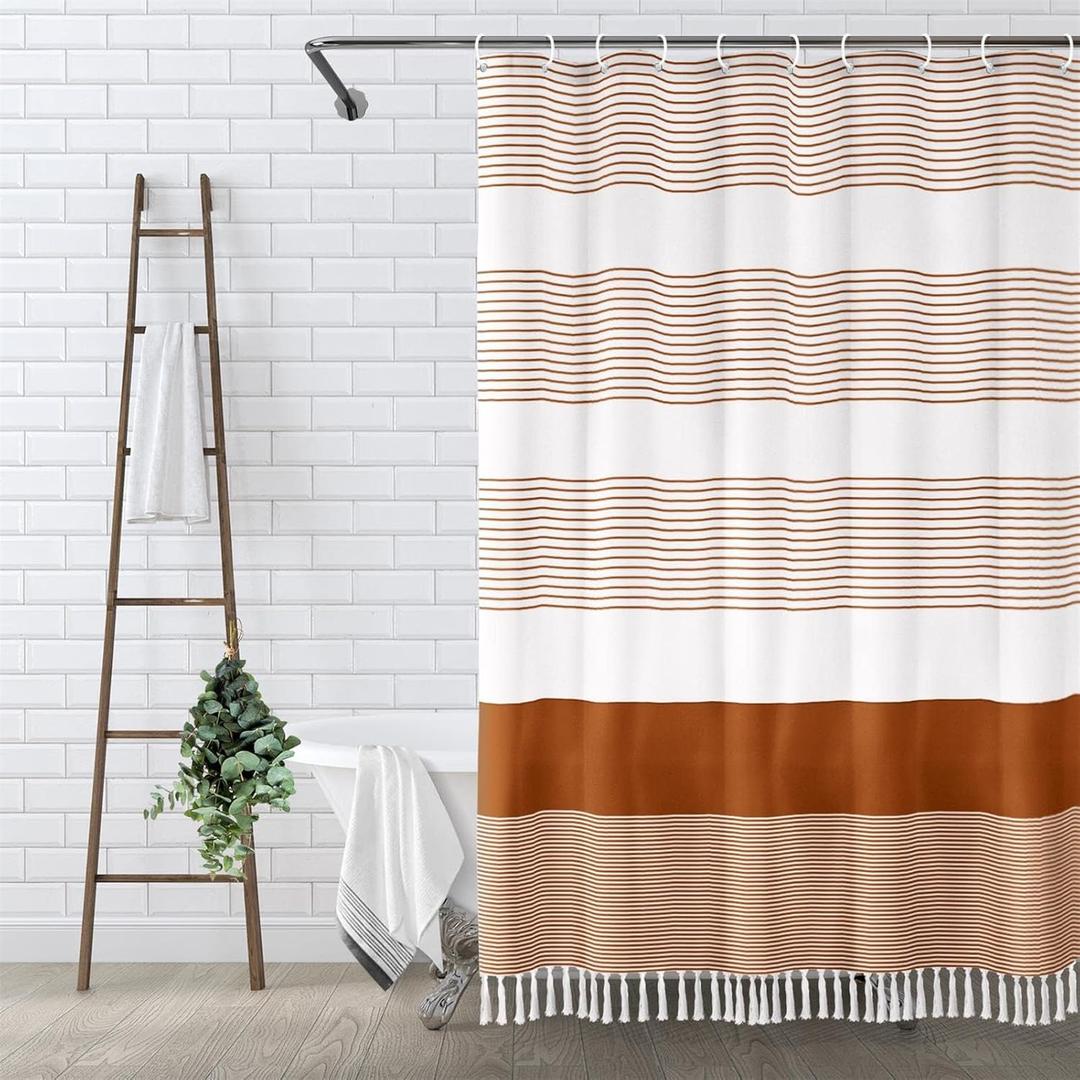 Awellife Boho Orange Shower Curtain for Bathroom Farmhouse Cotton Stripe Tassel Shower Curtain Natural Texture 78" L x 72" W
