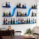 Wall Mounted Wine Rack with LED Lights, Modern Curved Design Floating Bar Shelves, Large Hanging Liquor Display Storage Organizer for Home Bar Coffee Shop Kitchen (Black, 120cm/47in)
