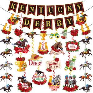 17Pcs Derby Decorations Banner Set Include NO DIY 3Pcs Horse Party Banner 12Pcs Horse Racing Decorations Hanging Swirls and 2Pcs Hanging Garland Decor for Run for The Roses Derby Party Decor Supplies