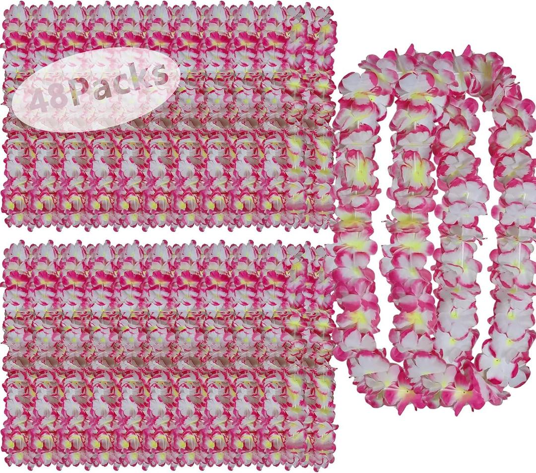 Leis for Luau Party, 48 Count | Thick and Lush Flower Leis for Luau Parties, Graduations, Birthdays, and Beach Weddings | Tropical Party Decorations and Hula Dance Accessories (48Pcs Pink)