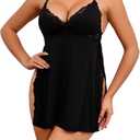 REORIA Women Lingerie Lace Babydoll Strap Chemise Halter Teddy V Neck Sleepwear (Medium, Black)