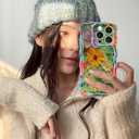 2 x Jusy Compatible with iPhone 11 Pro Max, Colorful Retro Oil Painting Printed Flower Laser Glossy Pattern Cute Curly Wave Phone Case Soft TPU Cover for Girly Women - Green Yellow