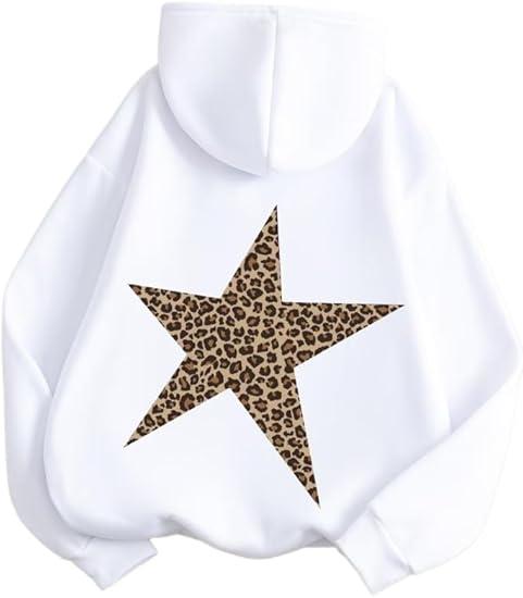 Obenie Women Oversized Leopard Star Graphic Hoodies Y2K Aesthetic Long Sleeve Pullover Sweatshirt Unisex Pullover Tops,White, X-Large
