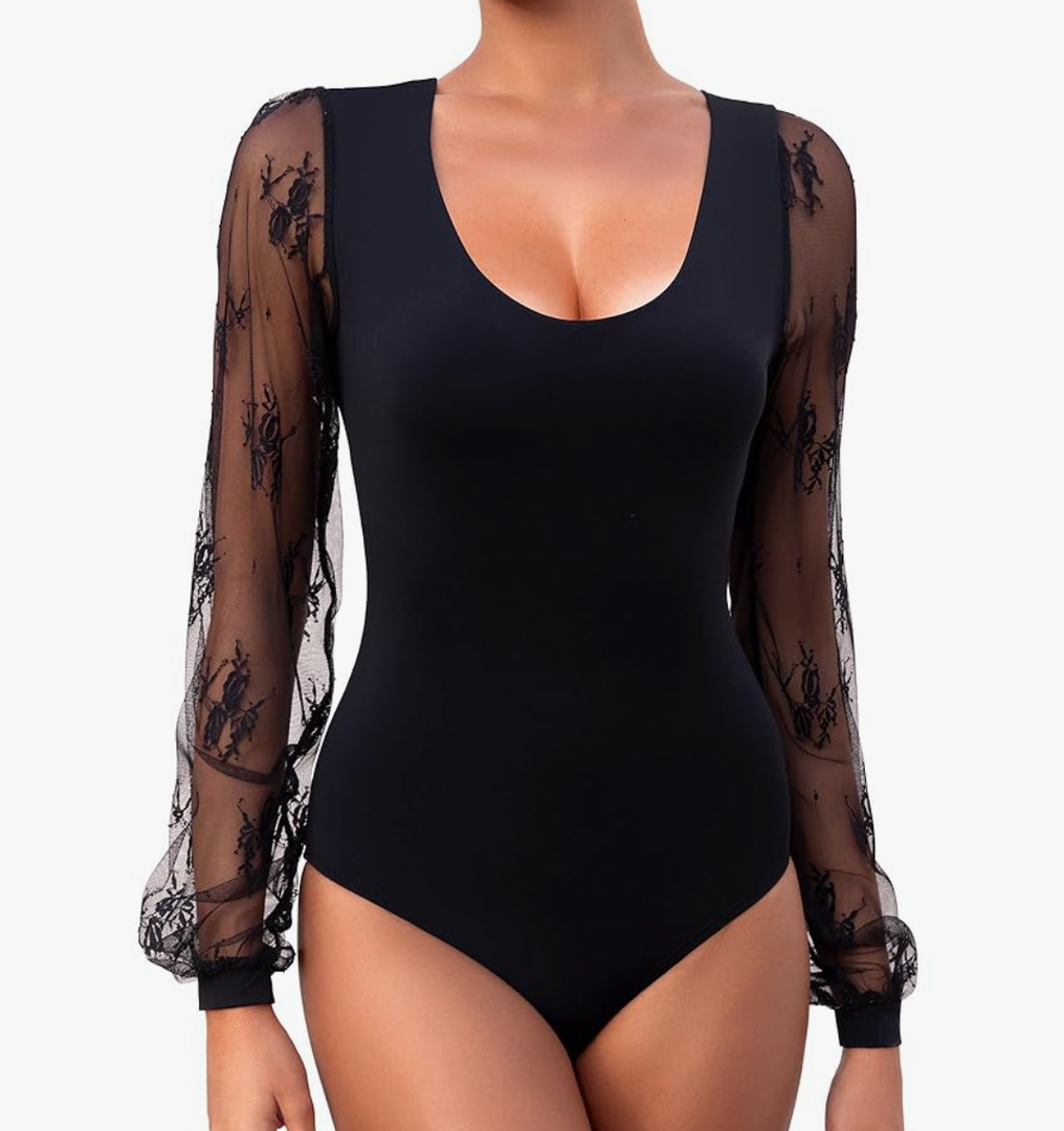 XL Long Sleeve Body Suits Womens Double Lined Round Neck Lace Bodysuit For Women