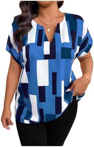 SOLY HUX Women's Plus Size Color Block Shirt Blouse Short Sleeve Notched V Neck Summer Tops 3XL