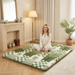 XICIKIN 2.5" Japanese Floor Mattress, Foldable Floor Mattress with Machine Washable Cover Japanese Futon for Living Room, Camping, Guest Room (Green Checkerboard, Twin), Twin（80" x 39"）