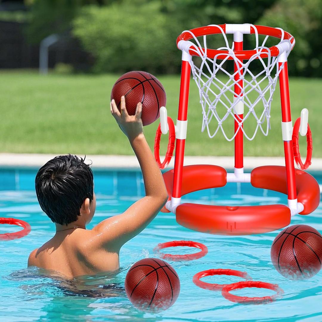 Pool Basketball Hoop,2-in-1 Floating Basketball Hoop for Pool Games & Ring Toss Games for Kids,Summer Pool Toys,Family Swimming Toys for Boys and Girls,Birthday Gifts for Kids,Red