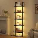 Tajsoon 5 Tier Ladder Shelf with Light, Wooden Wall Mounted Book Shelf, Ladder Bookshelf with Metal Frame, Wall Mounted Ladder Bookshelf for Office, Living Room, Bedroom, Black