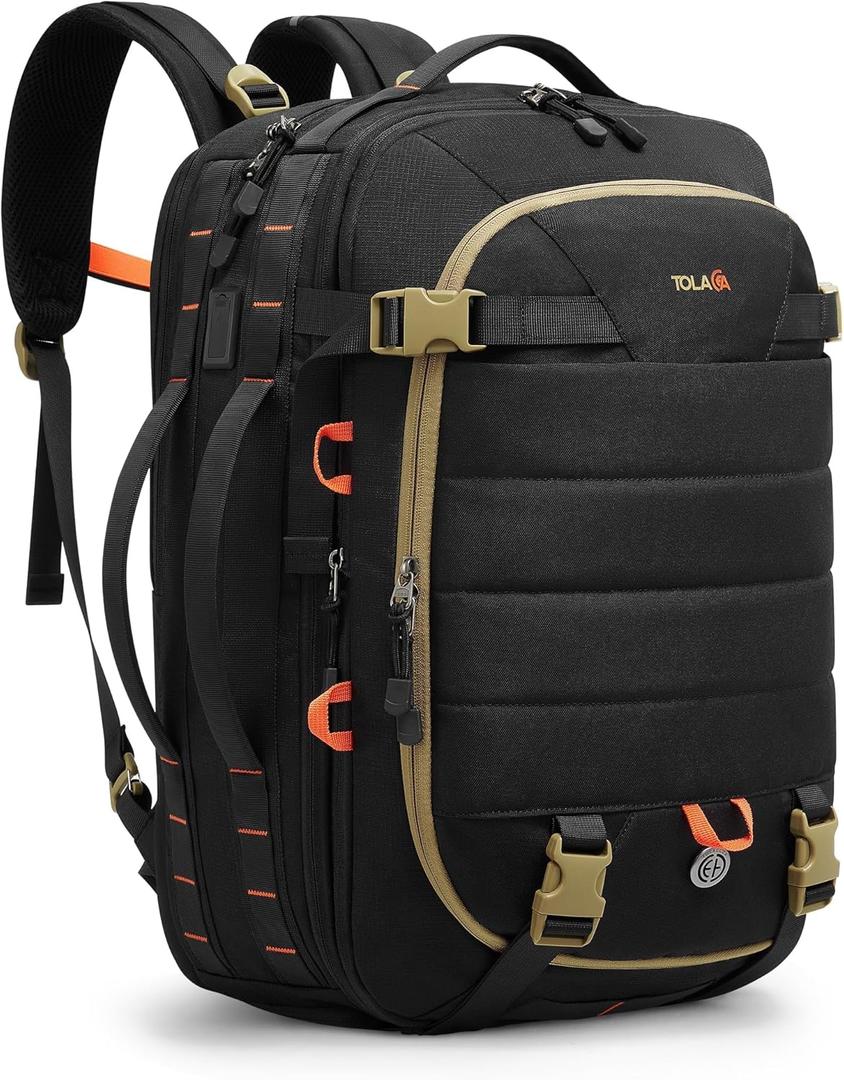 Tolaccea Carry on Travel Backpack, TSA Friendly Flight Approved Laptop Backpack Duffle Bag for Men Women with Dual Laptop Storage for 17.3", USB Charging Port, Business Rucksack 40L-50L Expandable (Black)