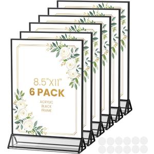 Acrylic Sign Holder 8.5X11 Black Picture Frame Double-Sided Acrylic Frames for Wedding Table Numbers Photo Frames Flyers Menu with Removable Sticky Dots-6 Pack