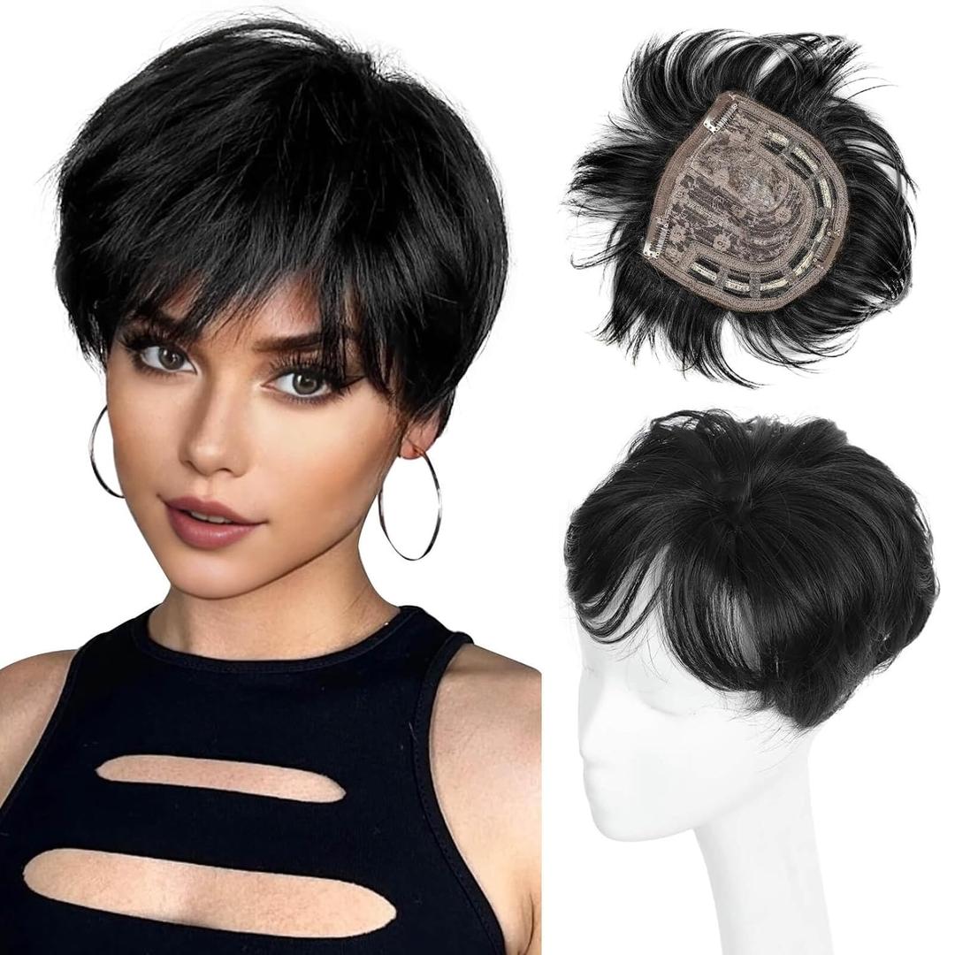PHOCAS Short Hair Toppers for Women with Thinning Hair Magic Pixie Cut Toppers Hair Pieces Natural Synthetic Black Wiglets Hairpieces for Daily Use