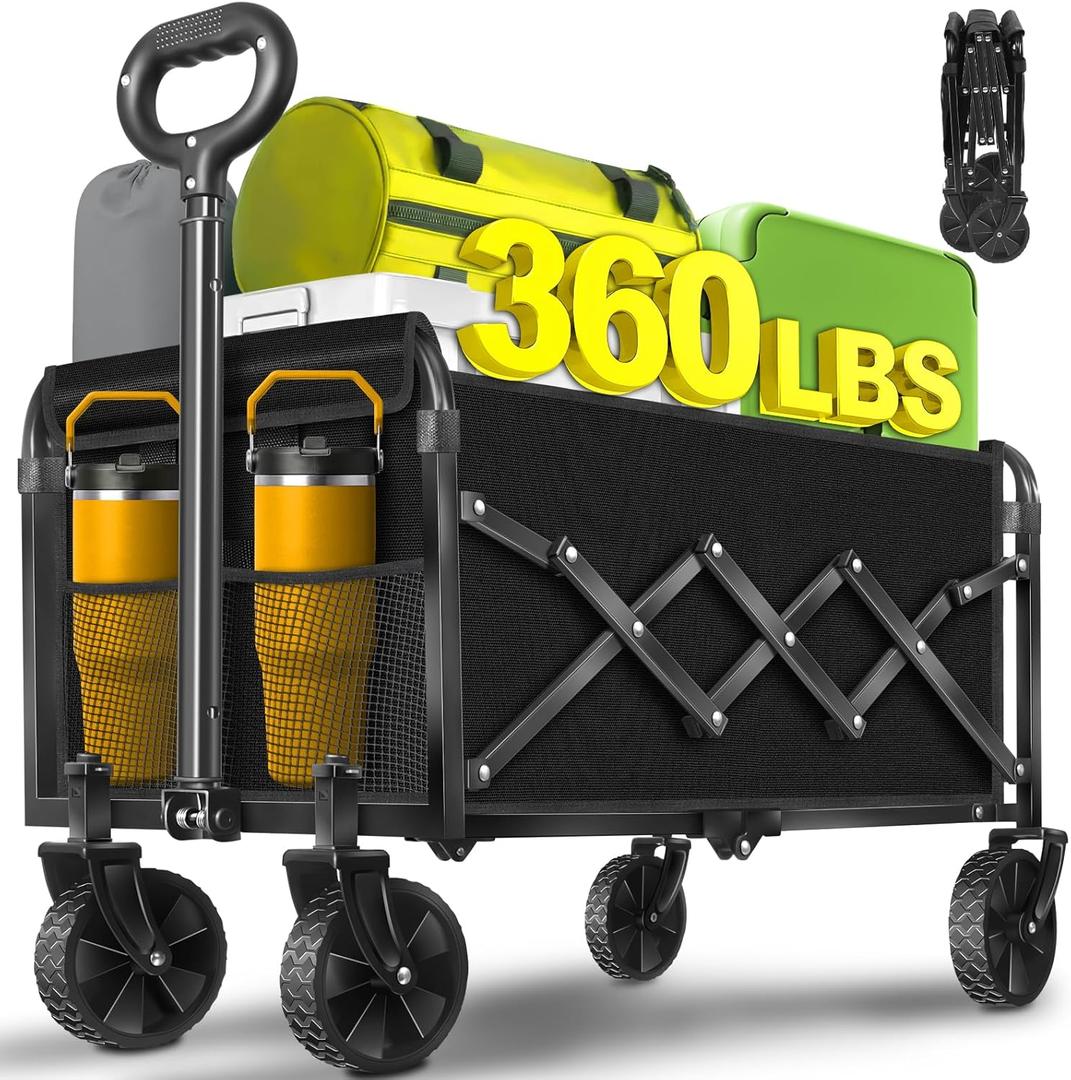 Collapsible Wagons Carts Foldable, 360lbs Portable Folding Wagon Cart with Wheels, Foldable Wagon Cart Utility for Camping, Beach, Grocery, Shopping, Sports, Garden