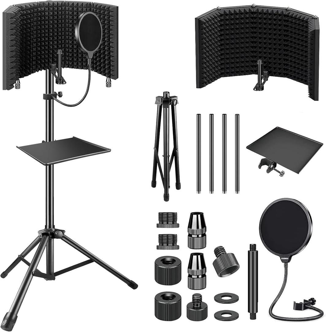 Aokeo Studio Recording Microphone Isolation Shield with Pop Filter & Tripod Stand, High Density Absorbent Foam to Filter Vocal, Foldable Sound Shield for Blue Yeti and Condenser Microphones (black)
