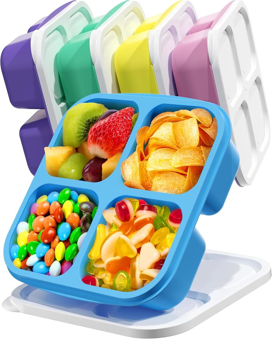 Canfanni 5 Pack Bento Snack Containers, 4 Compartment BPA-free Plastic Food Storage Containers, Divided Lunchable Container, Bento Lunch Box for Work and Travel (White Lids)