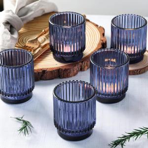 8 Pcs Blue Votive Candle Holder for Wedding Centerpieces, Glass Ribbed Tea Light Holder for Wedding Table Decorations, Navy Blue Decor for Party Home Farmhouse Decorations