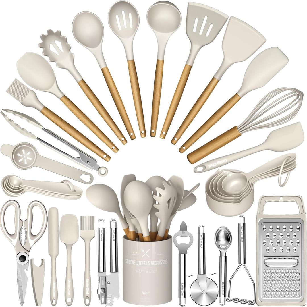 Umite Chef Silicone Kitchen Utensil Set, 34PCS Heat Resistant Kitchen Gadgets and Tools With Grater, Wood Handles for Nonstick Cookware (Khaki)