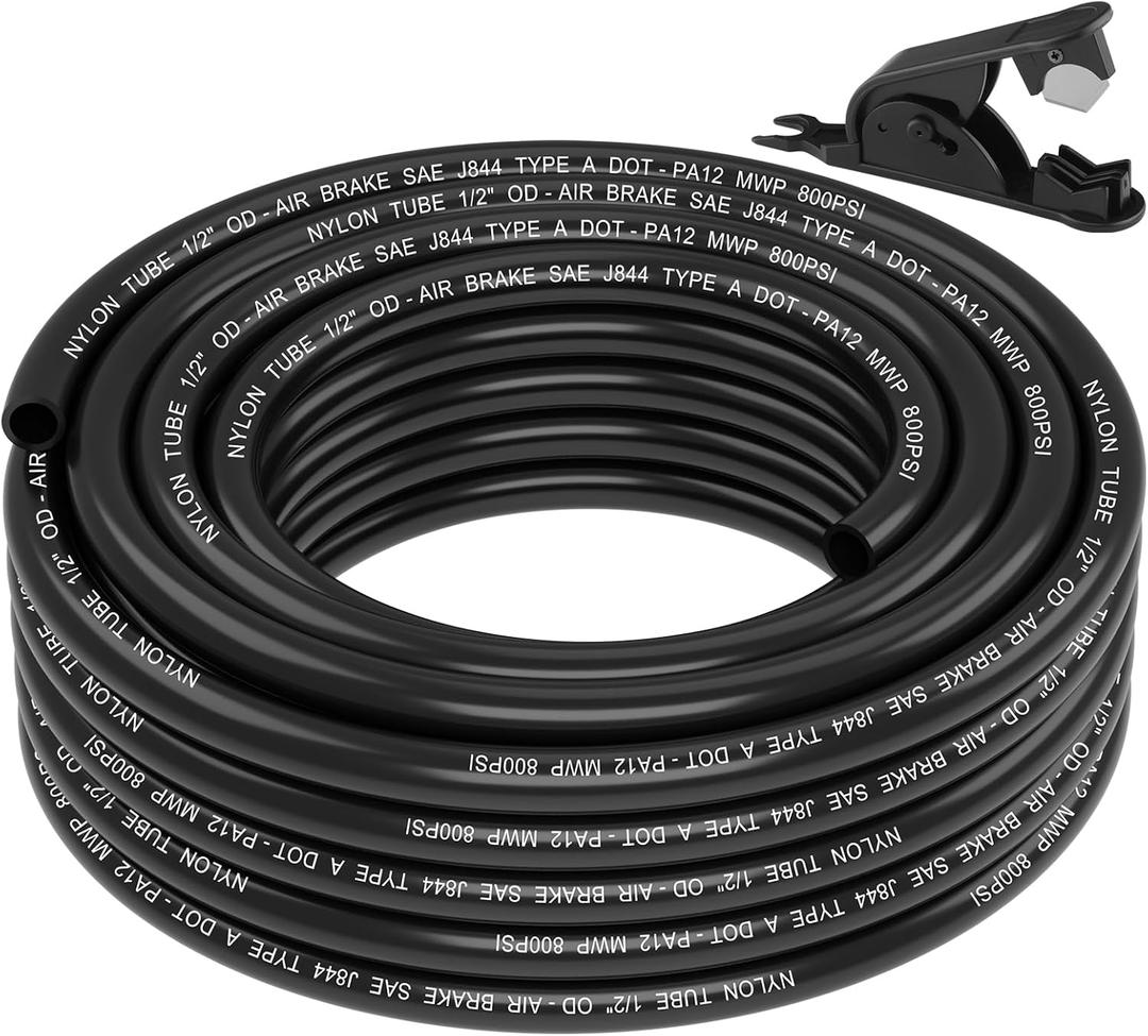 35FT 1/2 DOT Air Line SAE J844 PA12 Nylon Air Hose with Cutter 1/2 OD Pneumatic Tubing DOT Approved 1/2 Air Brake Hose for Air Suspension Kit Truck Trailer Brake System & Fluid Transfer 11m
