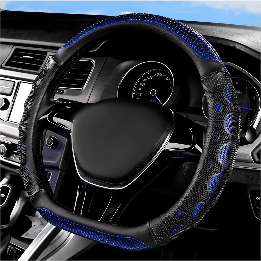 Car Steering Wheel Cover, 15 Inches Leather Comfy Grip Steering Wheel Protector with 3D Honeycomb, Anti-Slip D-Shaped Wheel Wrap Cover for Most Vehicles, Car Accessories (Blue)