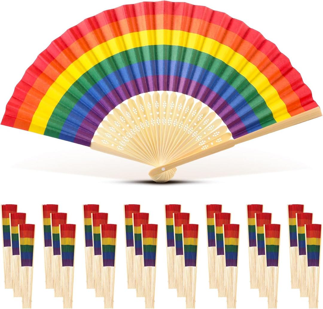 Yinkin 24 Pack Rainbow Folding Fans Gay Pride Bamboo Handheld Folded Craft LGBT Pride Month Fans for Women Men