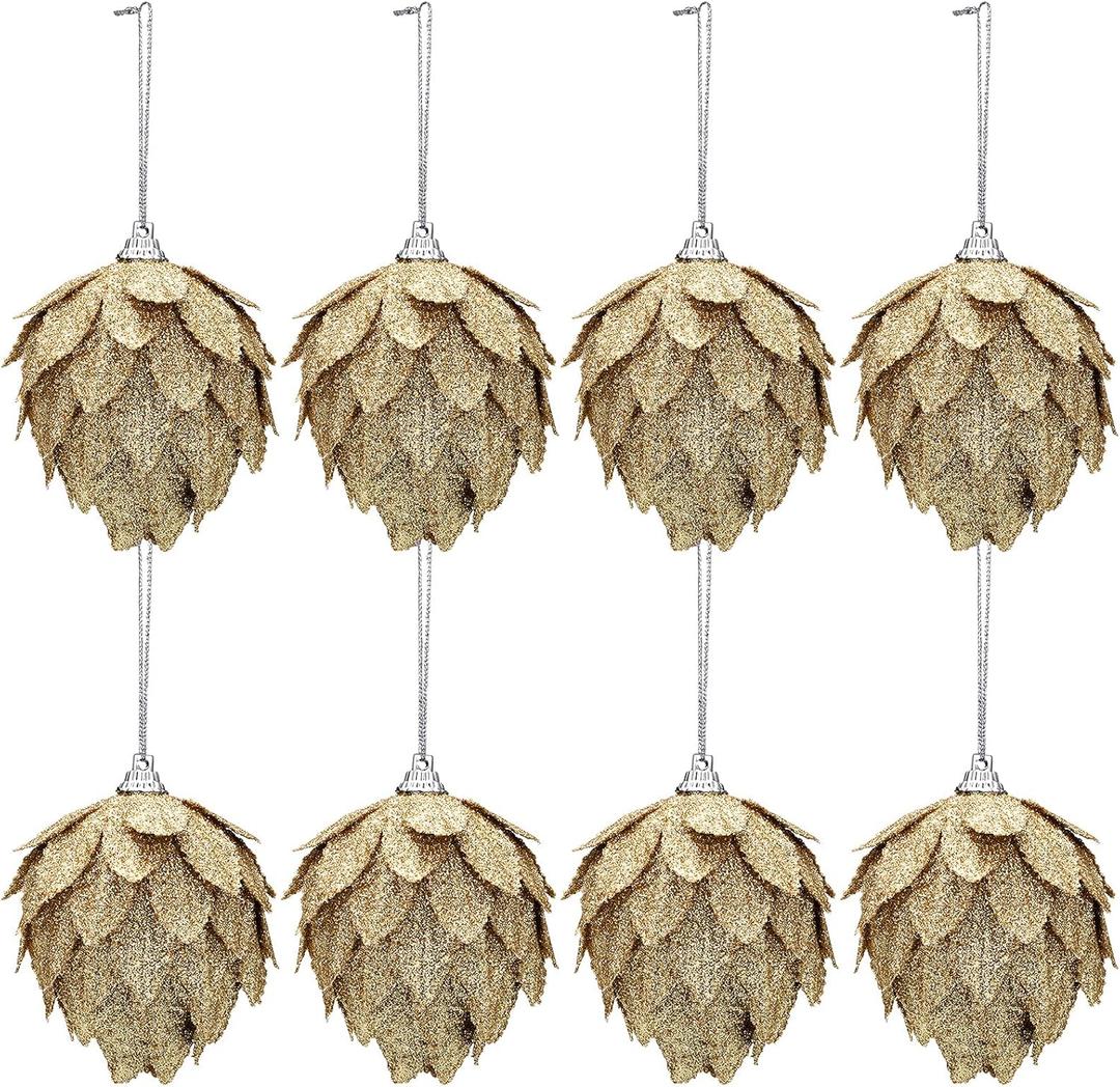 Jetec 8 Pieces Christmas Ornaments Glitter Christmas Tree Hanging Decoration Decorative Artificial Pine Cones Flowers Hanging Ornaments for Winter Wreath Holiday Decor(Gold)