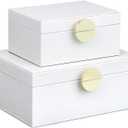 HofferRuffer Faux Leather Jewelry Boxes, Decorative Boxes Storage Accessory Organizer with Gold Hardware Decor, Classic Vegan Leather Set of 2 Pieces (White)