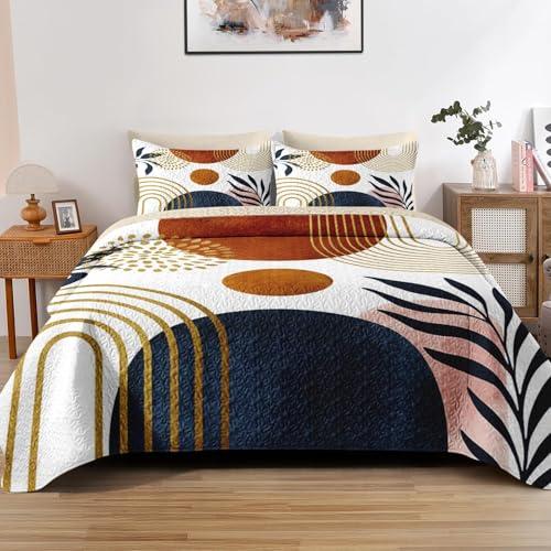 Pamnest Quilt Set Full/Queen Size, Gold Yellow Mid Century 3 Pcs Soft Bed Cover Bedding Set for Kids and Adults, Sun Boho Geometric Leaf Lightweight Bedspread Coverlet with Pillow Sham for All Season