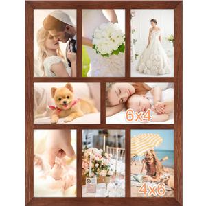 4x6 Oak Wood Picture Frames Collage Wall Decor Brown, Solid Oak Wooden Family Photo Collage Frame 8 Openings, Glass Front, Wall Hanging Display 8 4x6 Pictures (11.5x15.5-8 openings)