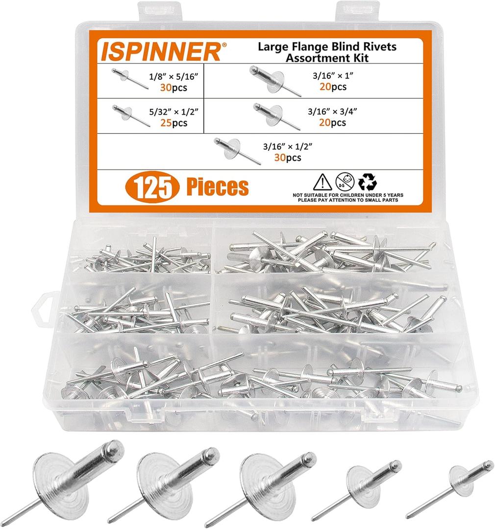 ISPINNER 125pcs Large Flange Aluminum Blind Rivets, Pop Rivets Assortment Kit (Silver)