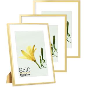 Metal Picture Frame, Aluminum Photo Frames, 5x7 with Mat or 8 x 10 Without Mat, for Table Top Display and Wall Mounting, Wall Hook Hanging Hardware Included - (Gold, 3 Pack)