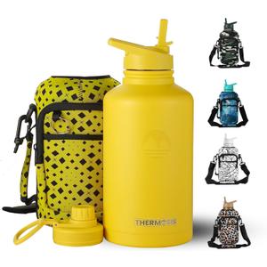 64 Oz insulated water bottle Stainless Steel Water Bottle with Straw & Holder Strap - Includes 2 Lids water bottles - Leak Proof water bottle for Men & Women - Yellow