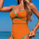 HXN Women's One Piece Swimsuit Tummy Control Bathing Suit Color Block Cutout Slimming Swim Suit Swimwear 2025 (Orange, S)