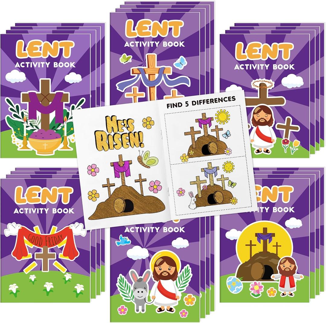 Easter Lent Activity Books for Kids - 24Pcs Christian Lent Mini DIY Games Coloring Book Set Bulk Mazes Word Search Word Scramble Games for Sunday School Classroom Easter Spring Holiday Party Favors