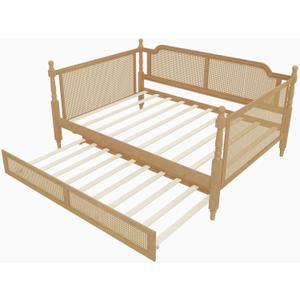 Merax Full Bedframe with Full Size Trundle and Footboard, Vintage Wooden Daybed Platform Bed with Natural Rattan Headboard, Noise-Free, No Box Spring Needed, Antique Walnut