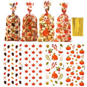 Fall Thanksgiving Treat Bags, 200 PCS Fall Cellophane Treat Bags, Thanksgiving Gift Bag, Plastic Autumn Pumpkin Maple Leaf Candy Cookie Goodie Gift Bag with Twist Ties for Falls Party Favors Supplies